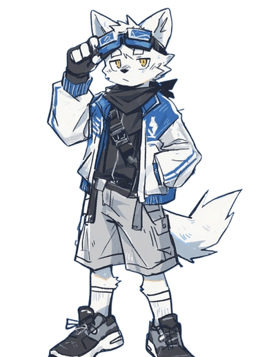 Small white fox character wearing goggles