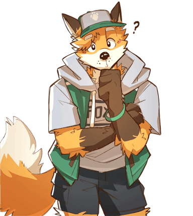 Fox character thinking with a question mark