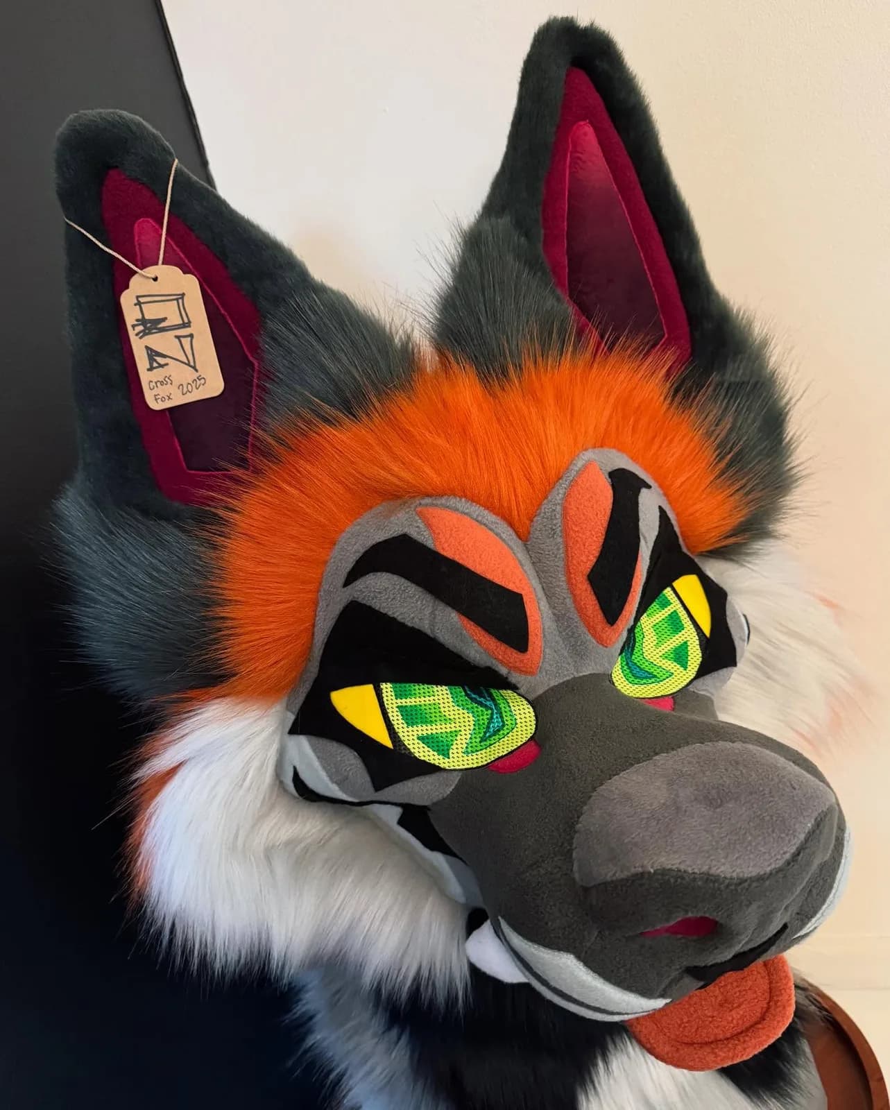 Hazard — Neon Cross Fox head only, front view, with maker's tag